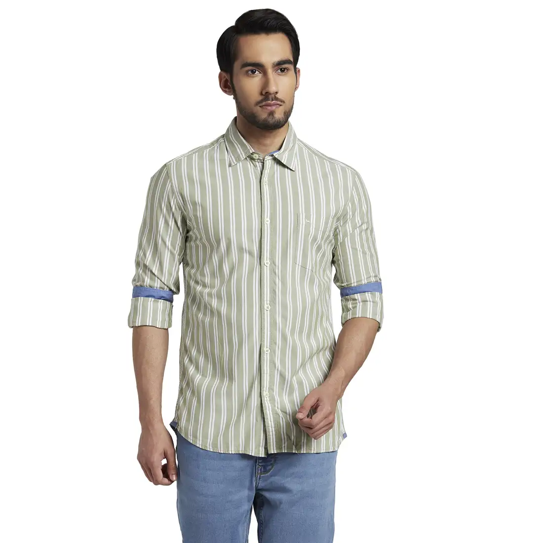 Men Green Slim Fit Stripe Cotton Full Sleeve Shirts