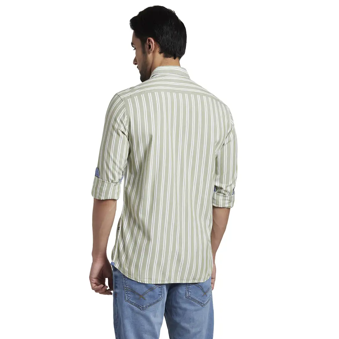 Men Green Slim Fit Stripe Cotton Full Sleeve Shirts - Image 4
