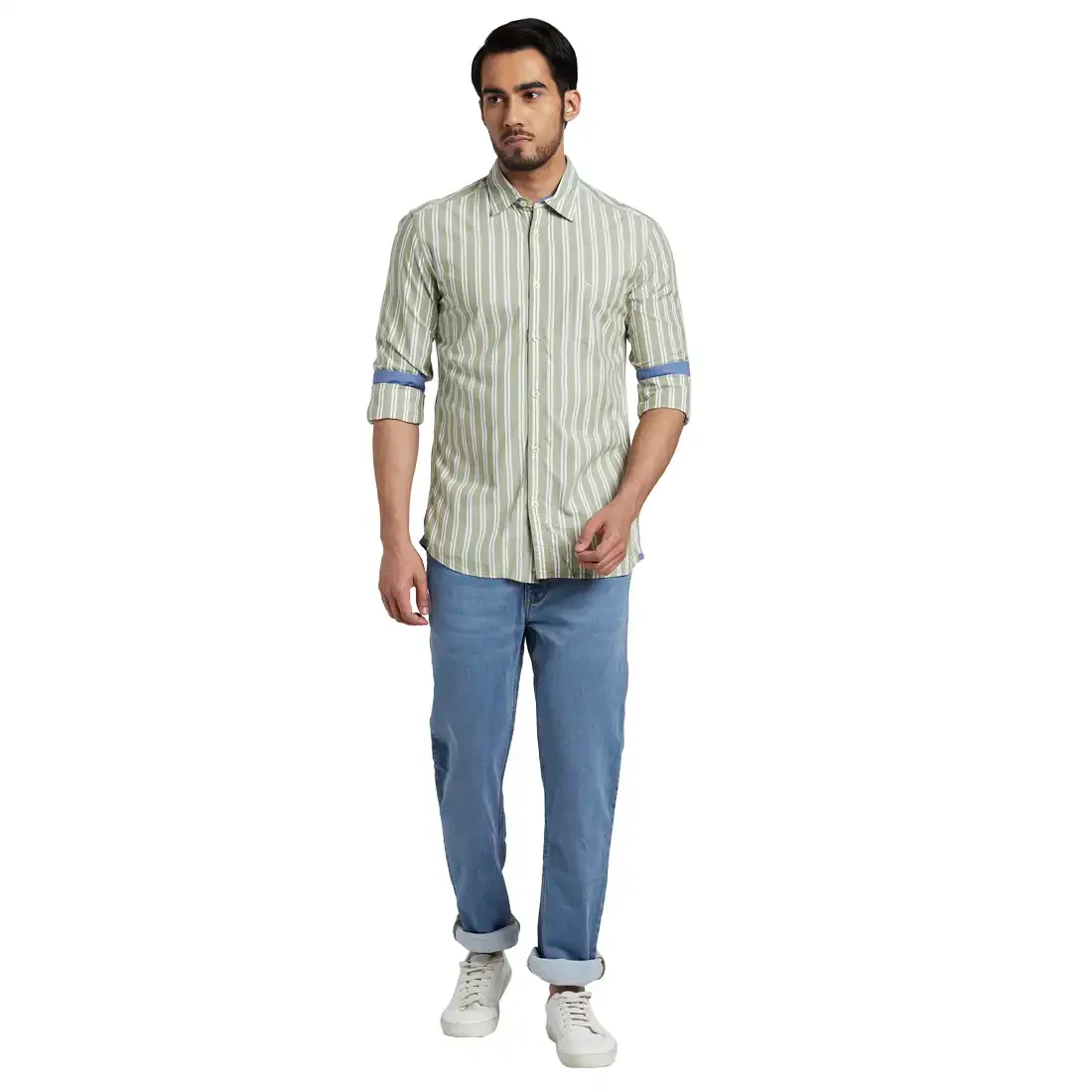 Men Green Slim Fit Stripe Cotton Full Sleeve Shirts - Image 5