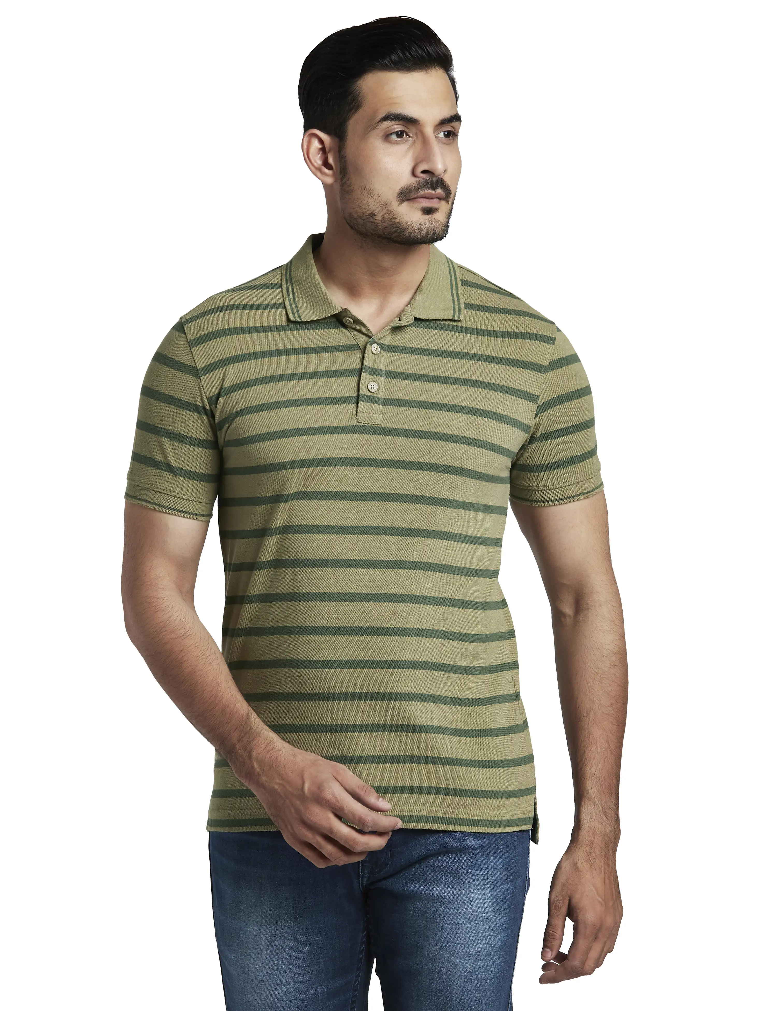 Men Green Slim Fit Stripe Cotton Half Sleeve Polo T-Shirt