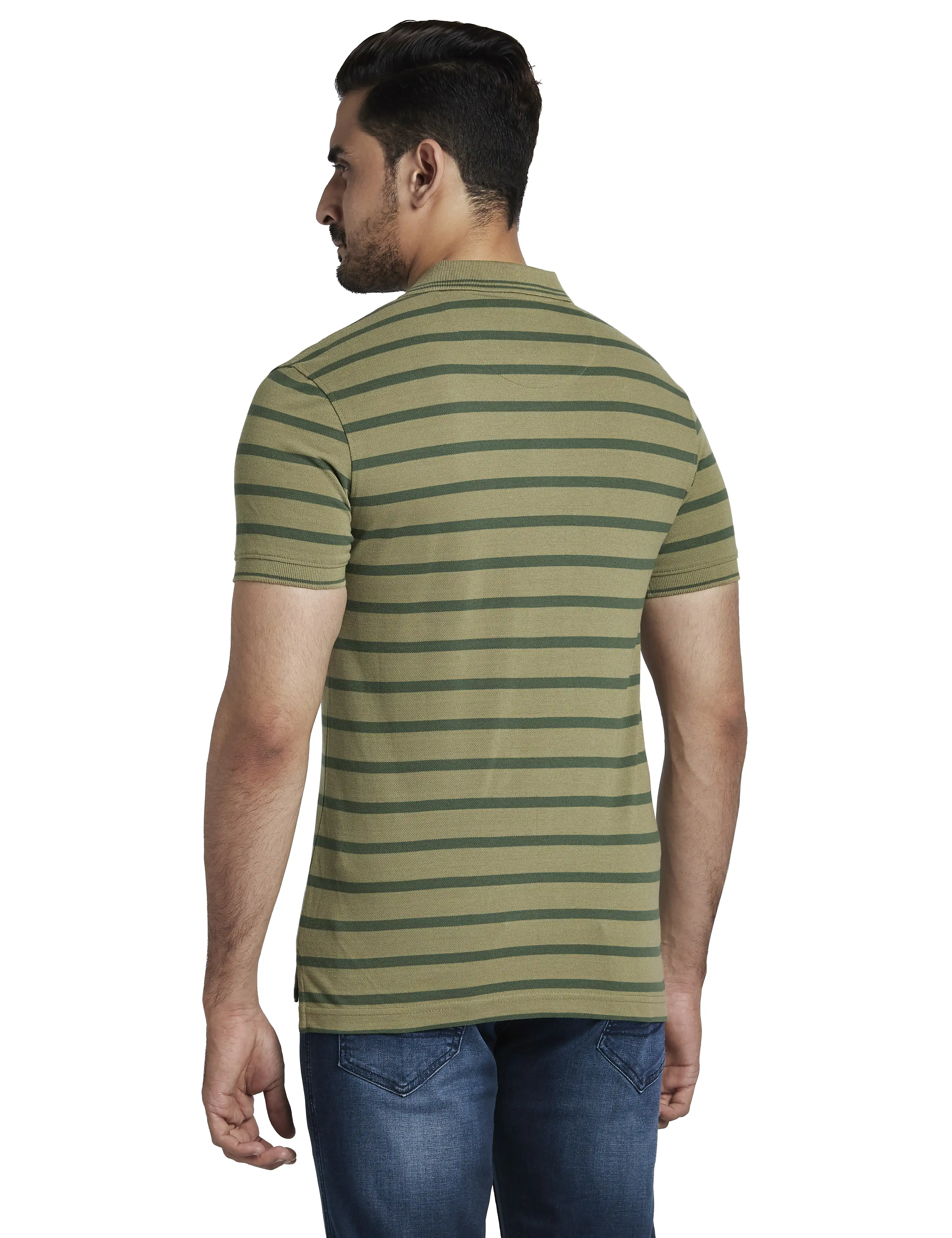 Men Green Slim Fit Stripe Cotton Half Sleeve Polo T-Shirt - Image 4