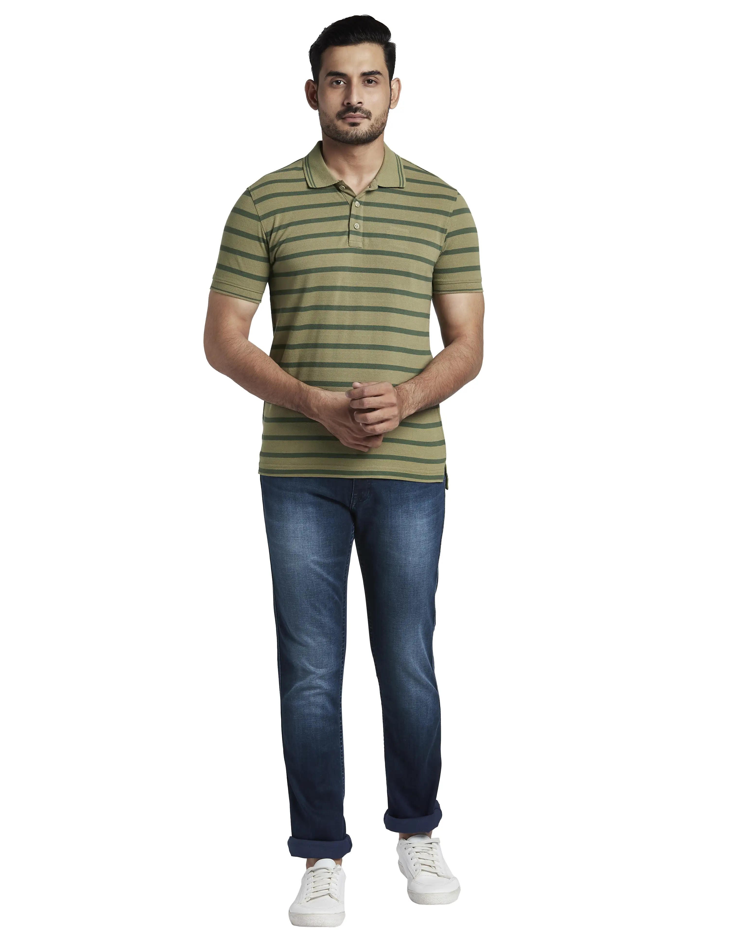 Men Green Slim Fit Stripe Cotton Half Sleeve Polo T-Shirt - Image 5