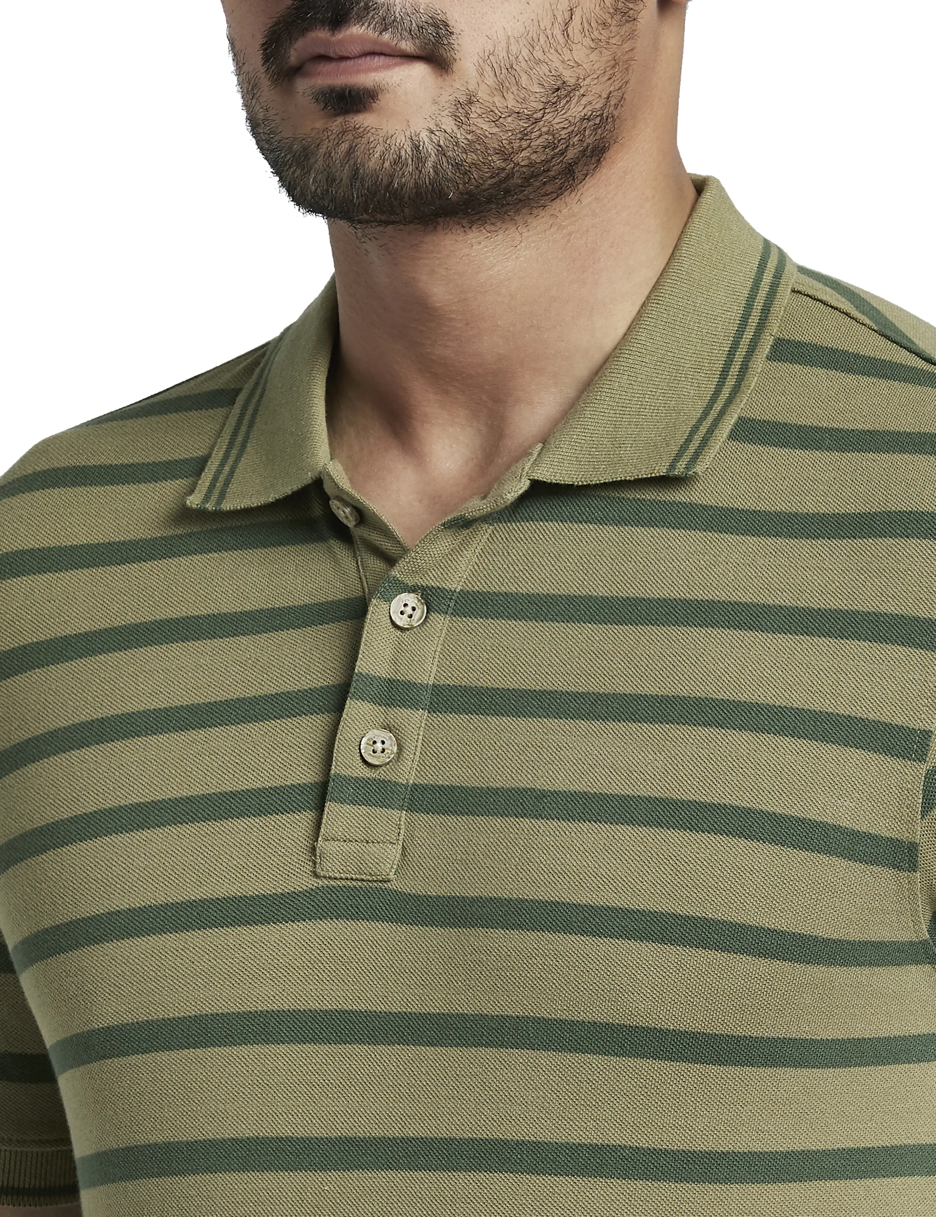 Men Green Slim Fit Stripe Cotton Half Sleeve Polo T-Shirt - Image 6