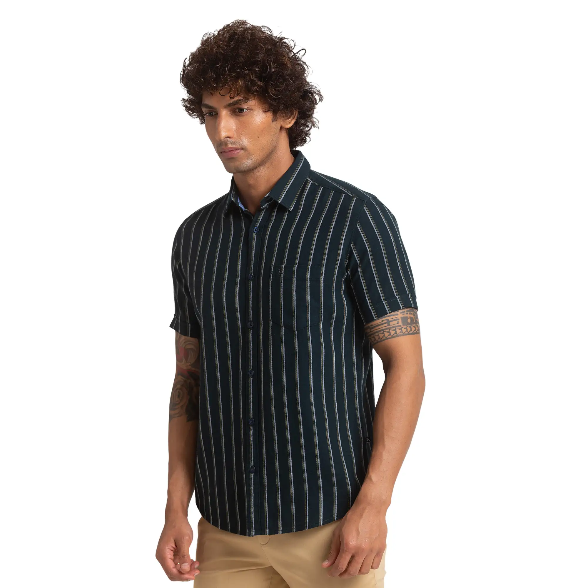 Men Green Slim Fit Stripe Cotton Half Sleeve Shirts - Image 3
