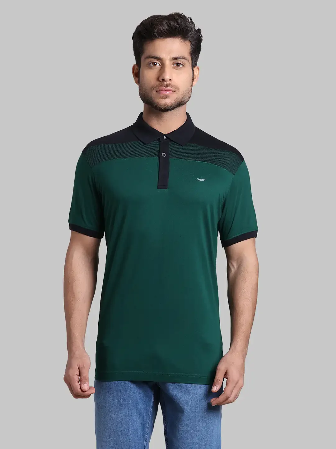Men Green Slim Fit Stripe Cotton Round Neck Collar Polo T-Shirt