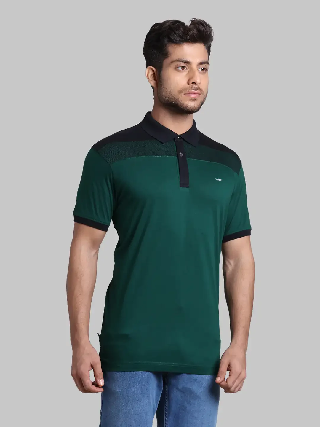 Men Green Slim Fit Stripe Cotton Round Neck Collar Polo T-Shirt - Image 2