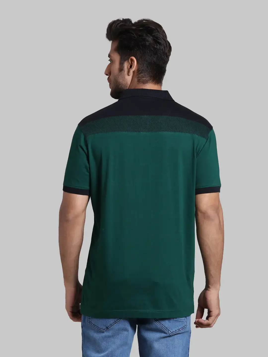 Men Green Slim Fit Stripe Cotton Round Neck Collar Polo T-Shirt - Image 4
