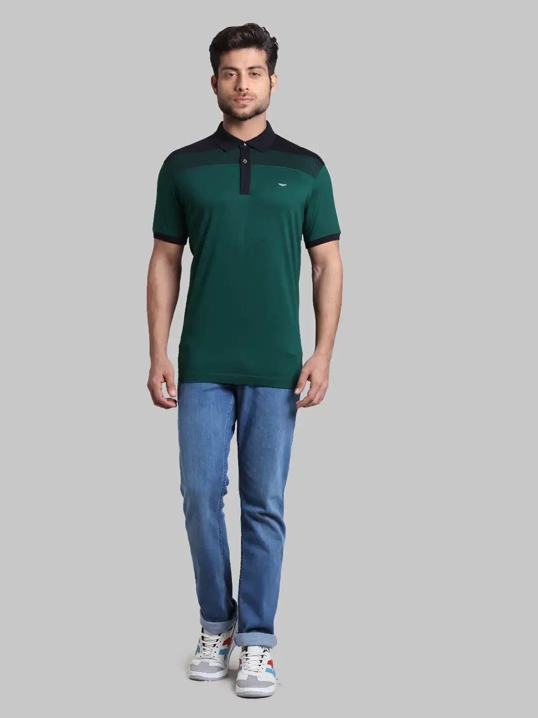 Men Green Slim Fit Stripe Cotton Round Neck Collar Polo T-Shirt - Image 5