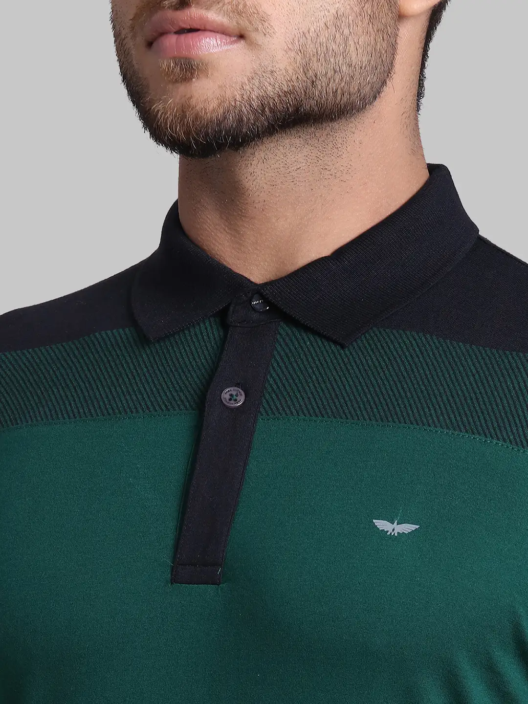 Men Green Slim Fit Stripe Cotton Round Neck Collar Polo T-Shirt - Image 6