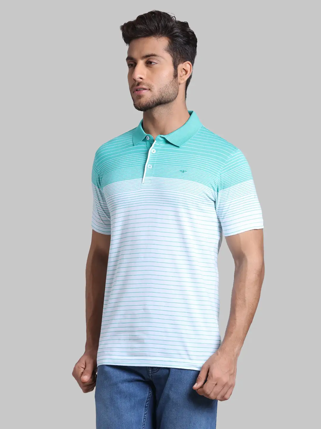 Men Green Slim Fit Stripe Cotton Round Neck Collar Polo T-Shirt - Image 3