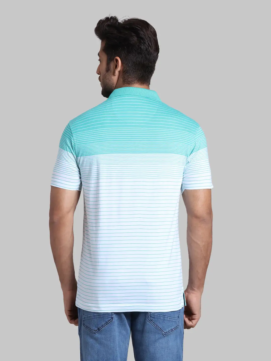 Men Green Slim Fit Stripe Cotton Round Neck Collar Polo T-Shirt - Image 4