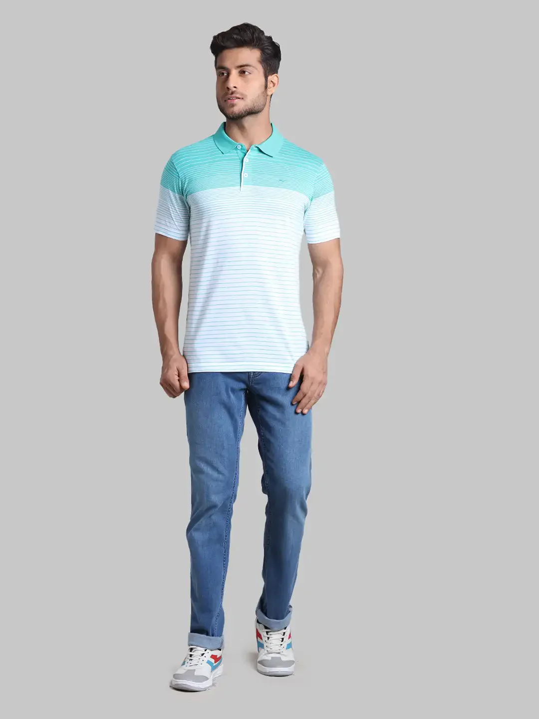 Men Green Slim Fit Stripe Cotton Round Neck Collar Polo T-Shirt - Image 5