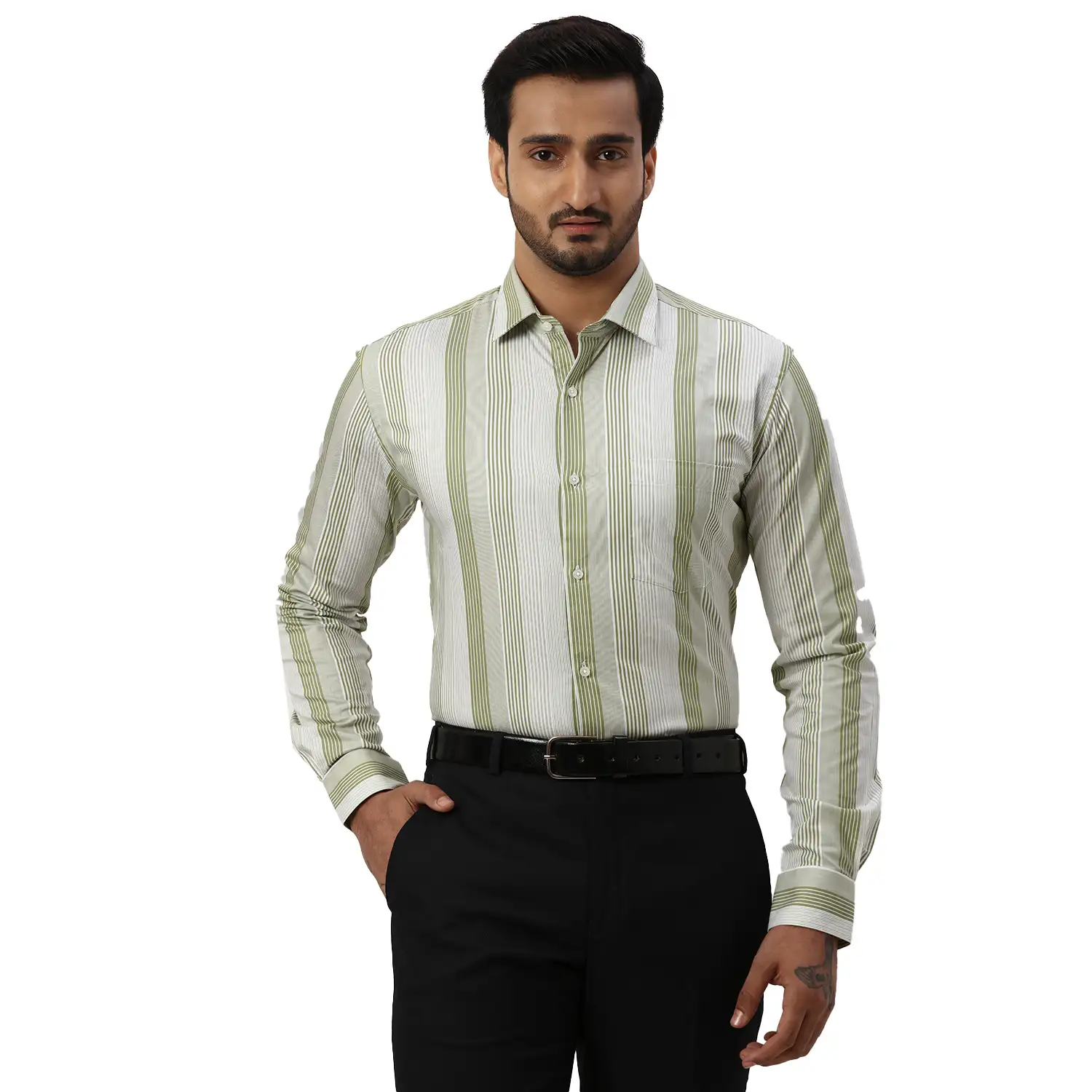 Men Green Slim Fit Stripe Cotton Shirts - Image 7