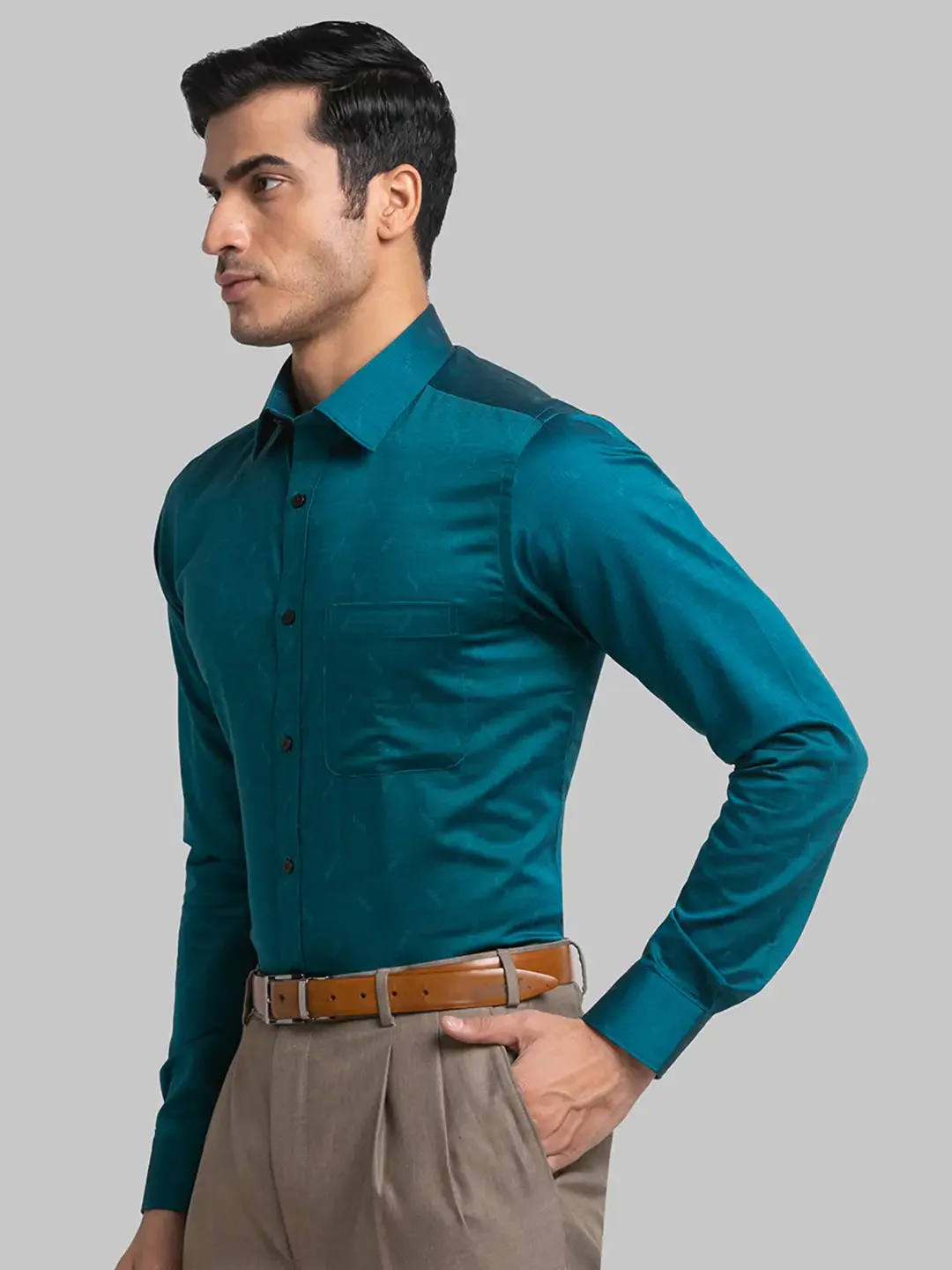 Men Green Slim Fit Structure Cotton Cut Collar Shirts - Image 3