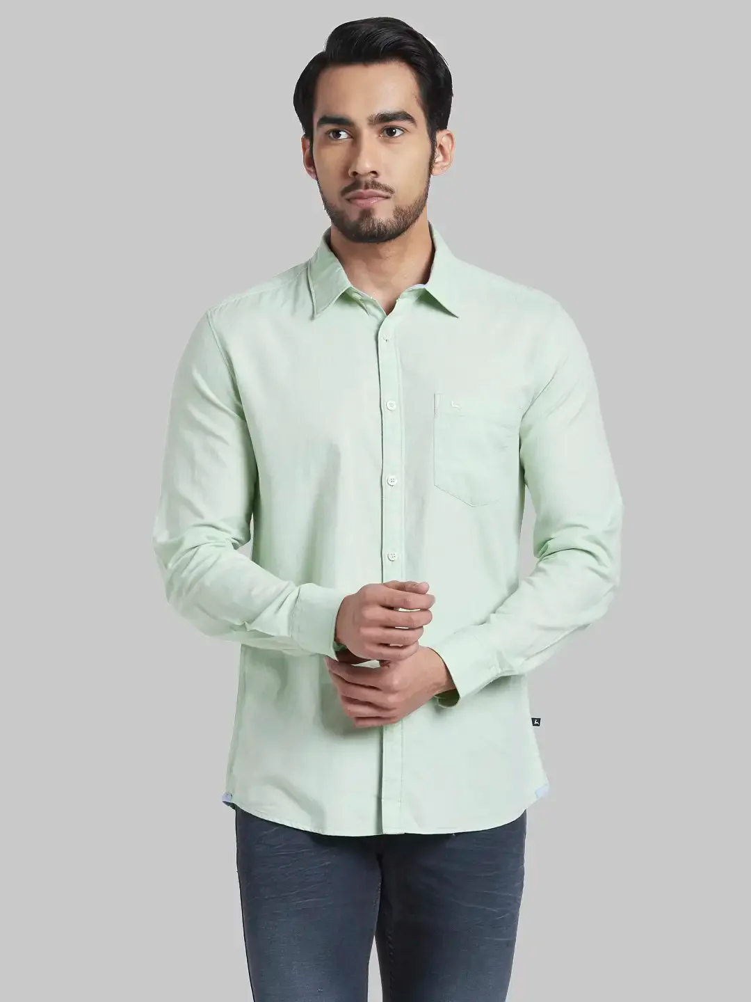Men Green Slim Fit Weft Chambray Cotton Blend Full Sleeve Shirts