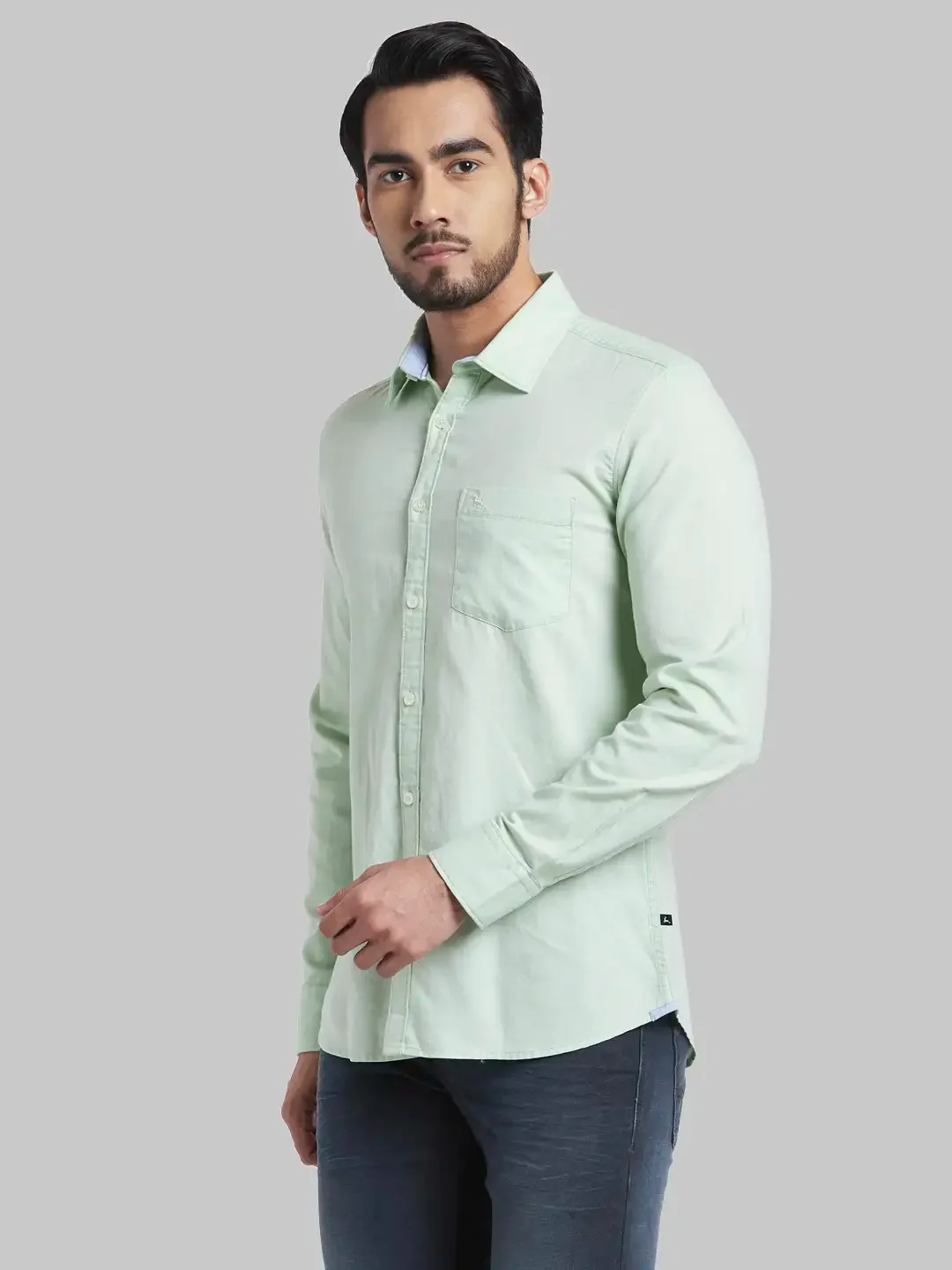 Men Green Slim Fit Weft Chambray Cotton Blend Full Sleeve Shirts - Image 3
