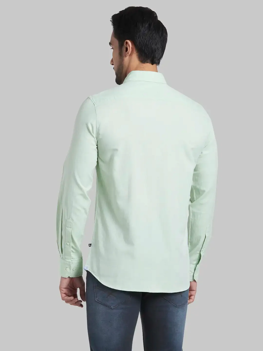 Men Green Slim Fit Weft Chambray Cotton Blend Full Sleeve Shirts - Image 4
