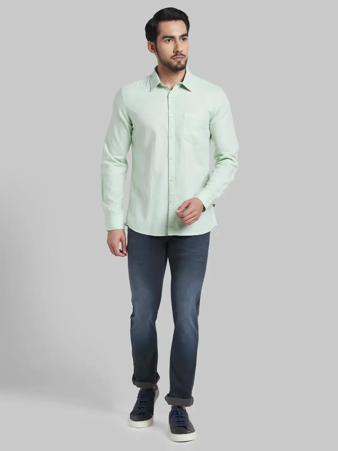 Men Green Slim Fit Weft Chambray Cotton Blend Full Sleeve Shirts - Image 5