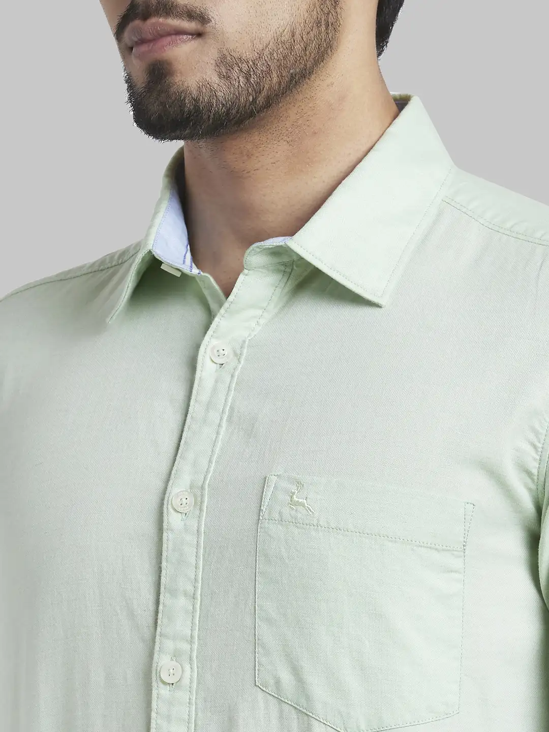 Men Green Slim Fit Weft Chambray Cotton Blend Full Sleeve Shirts - Image 6