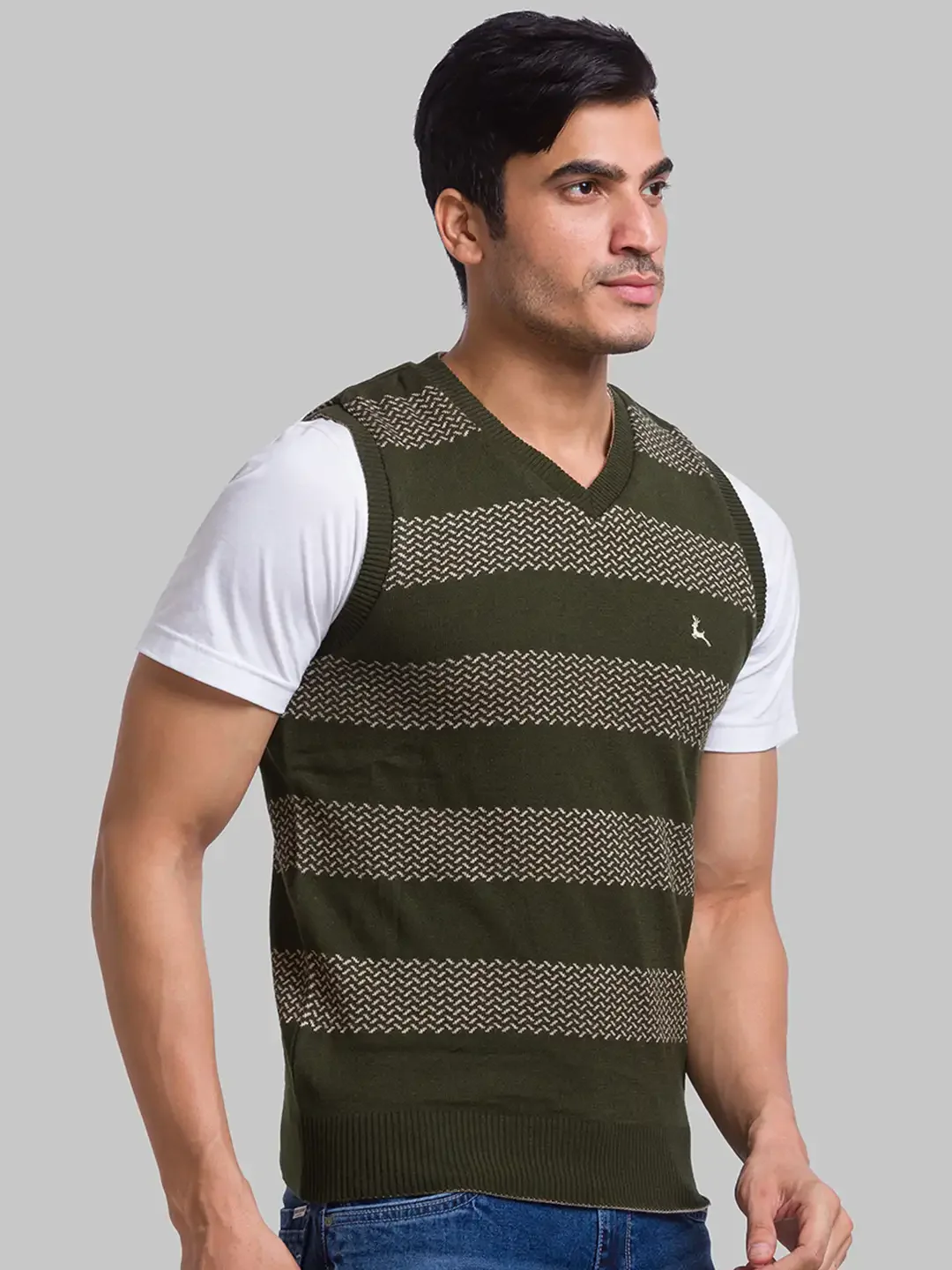 Men Green Solid Acrylic Sleeveless Sweaters - Image 2