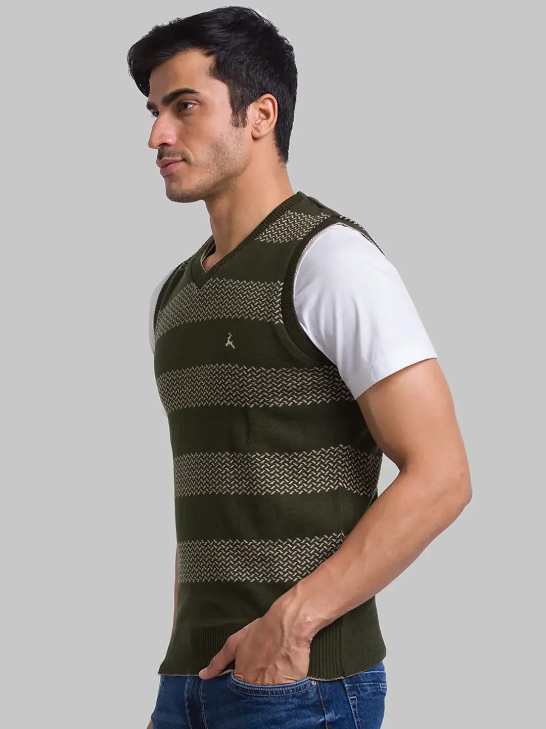 Men Green Solid Acrylic Sleeveless Sweaters - Image 3