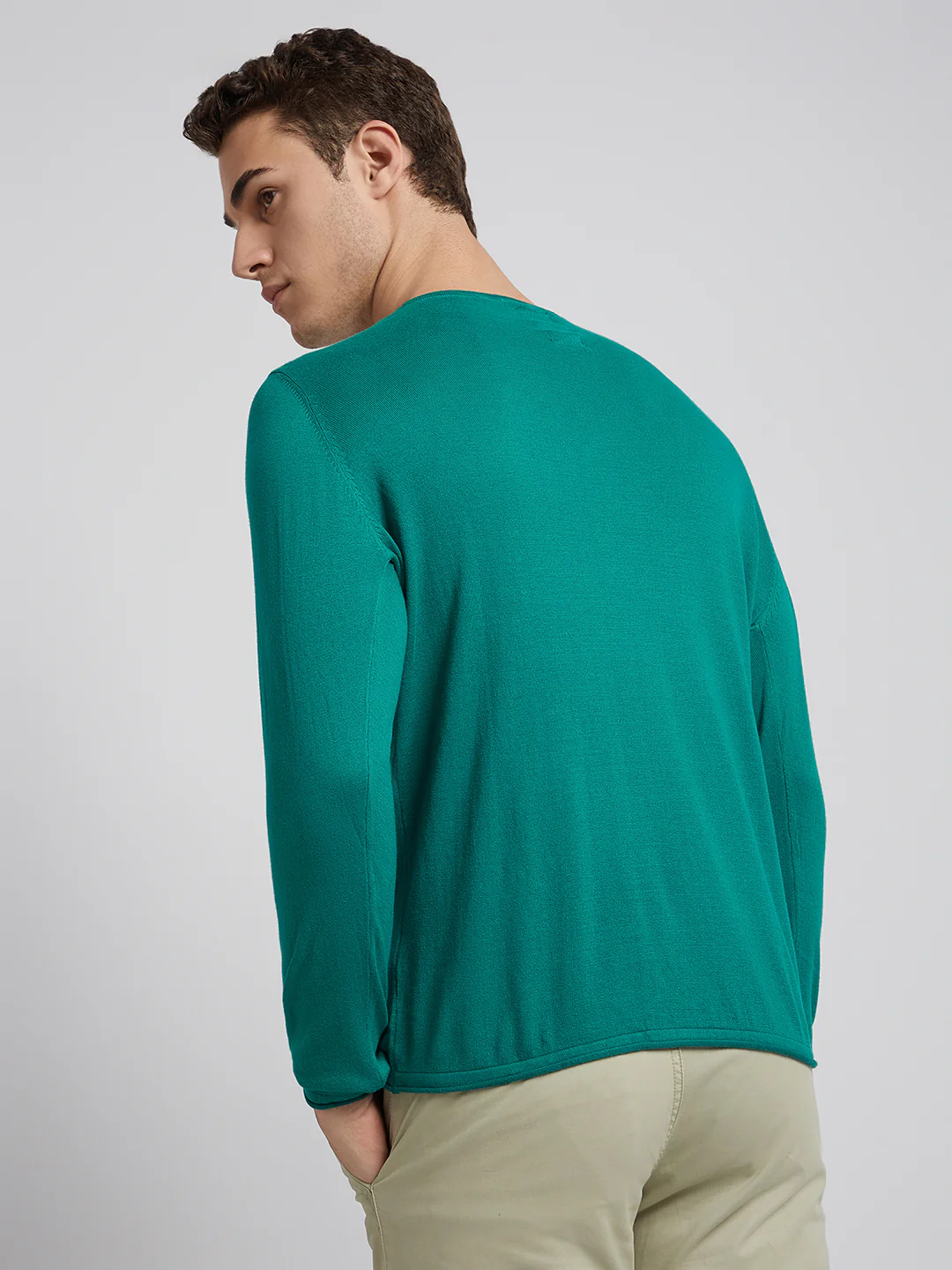 Men Green Solid Cotton Full Sleeve Sweaters - Image 5