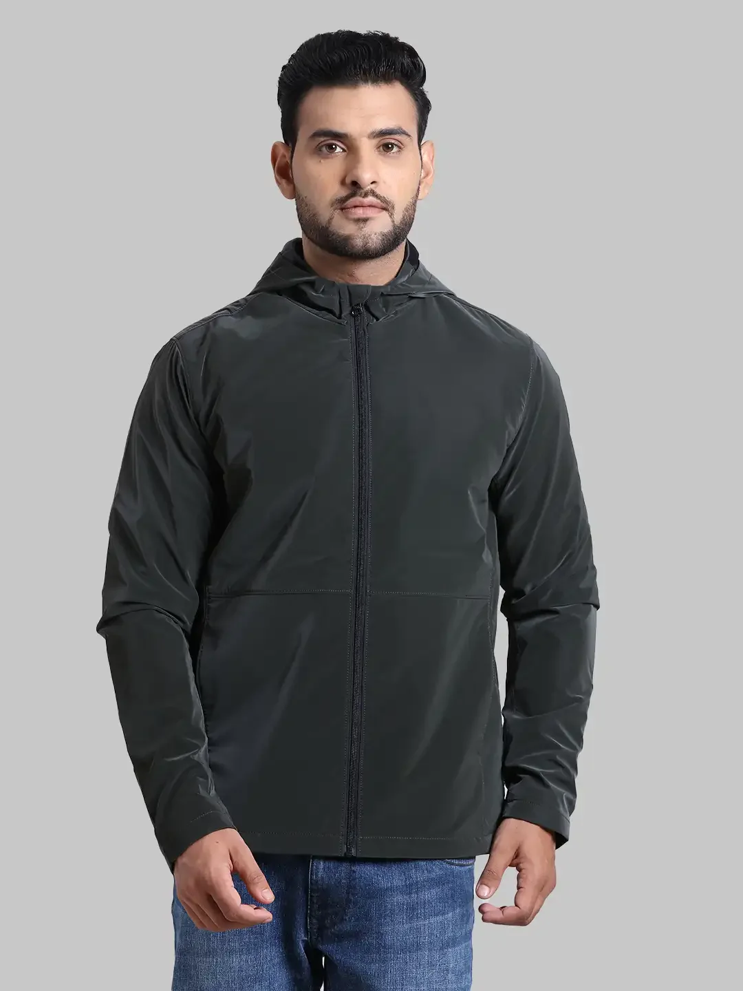 Men Green Solid Polyester Full Sleeve Jackets