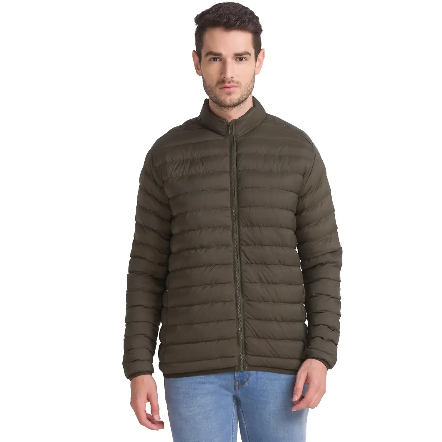 Men Green Solid Polyester Full Sleeve Jackets