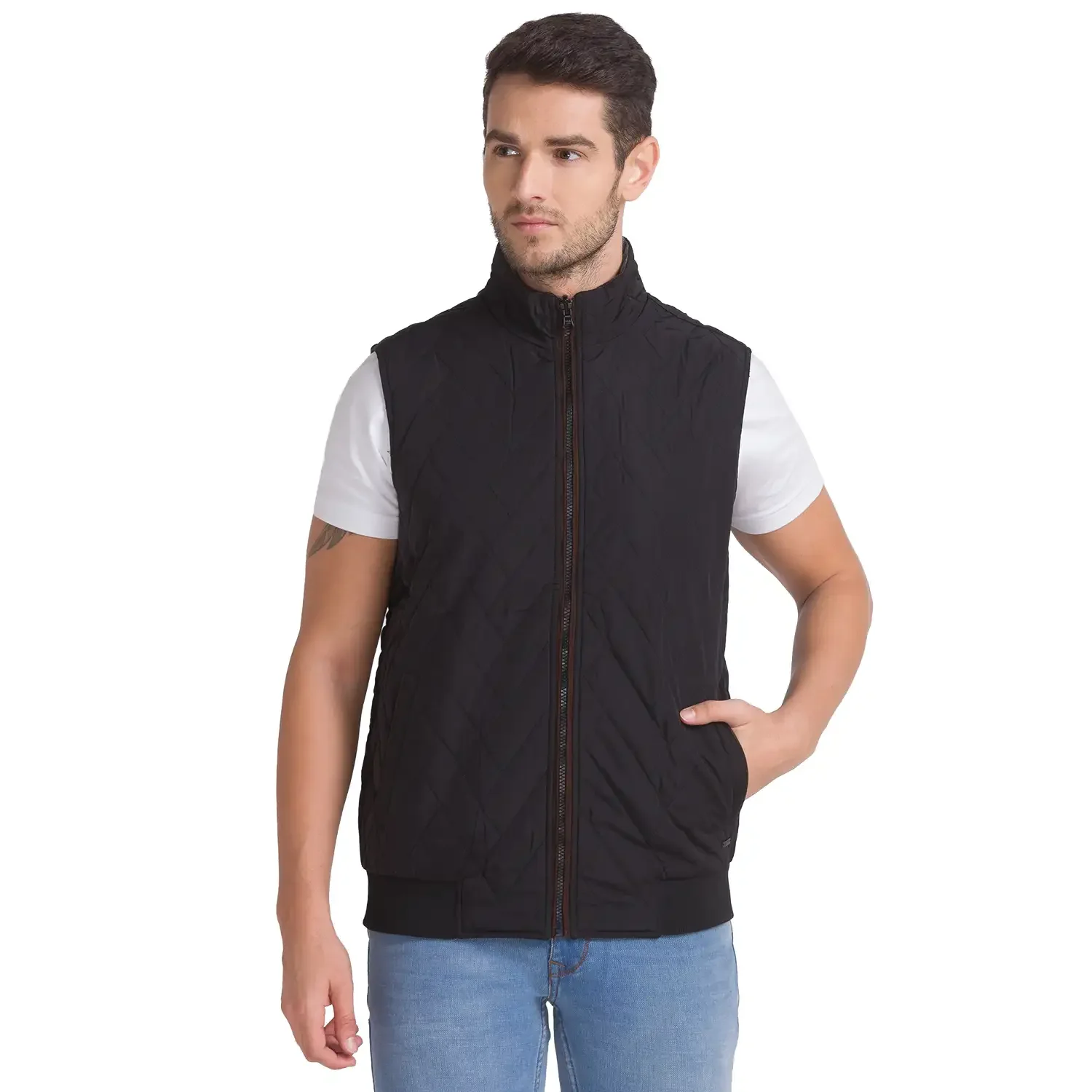 Men Green Solid Polyester Sleeveless Jackets