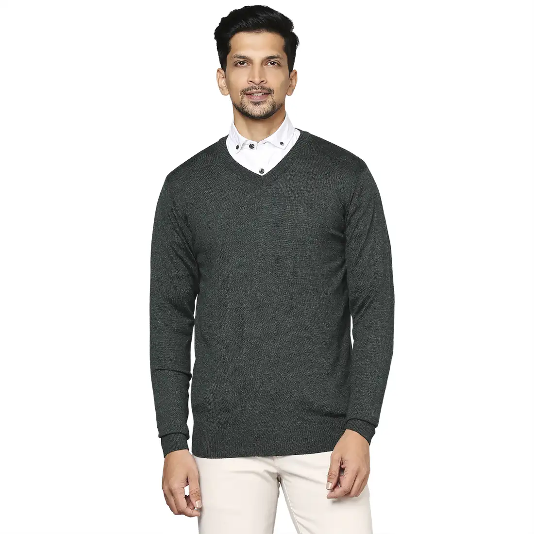 Men Green Solid Wool Blend Full Sleeve V Neck Collar Sweaters