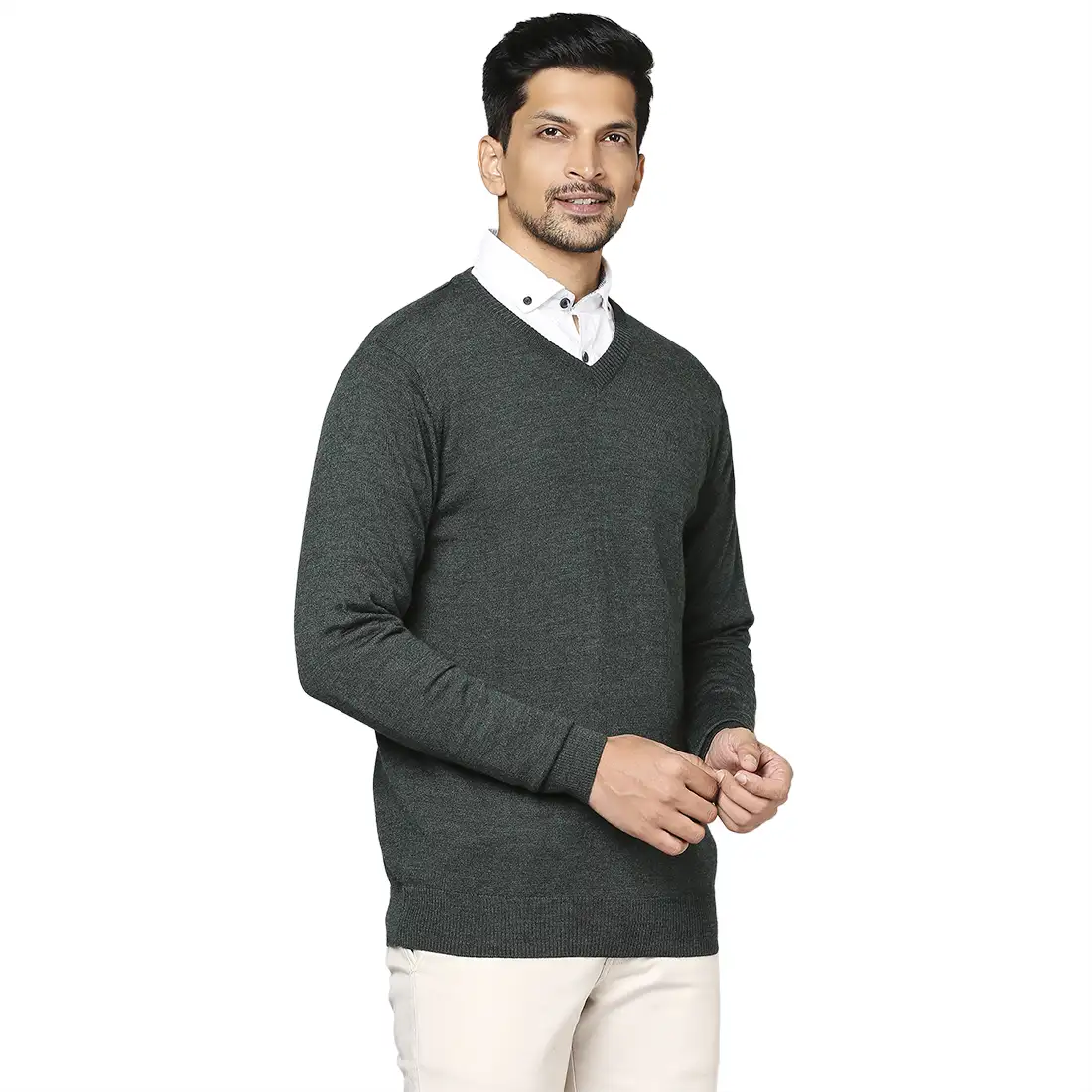 Men Green Solid Wool Blend Full Sleeve V Neck Collar Sweaters - Image 2