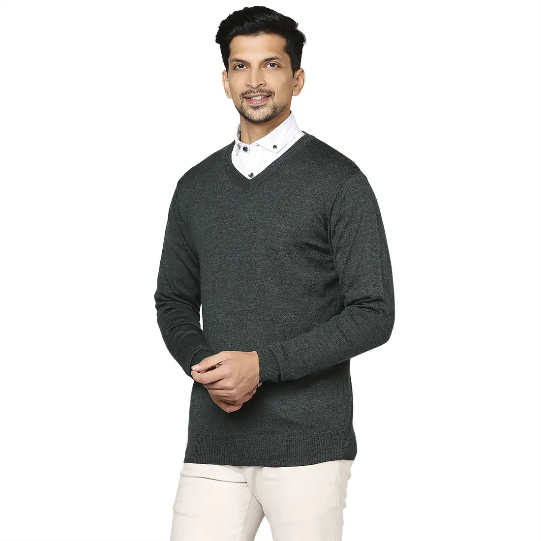 Men Green Solid Wool Blend Full Sleeve V Neck Collar Sweaters - Image 3