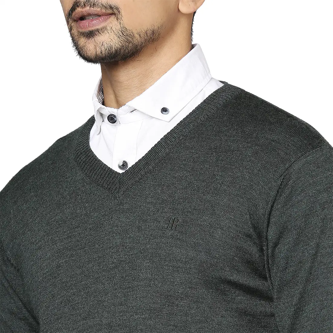 Men Green Solid Wool Blend Full Sleeve V Neck Collar Sweaters - Image 6