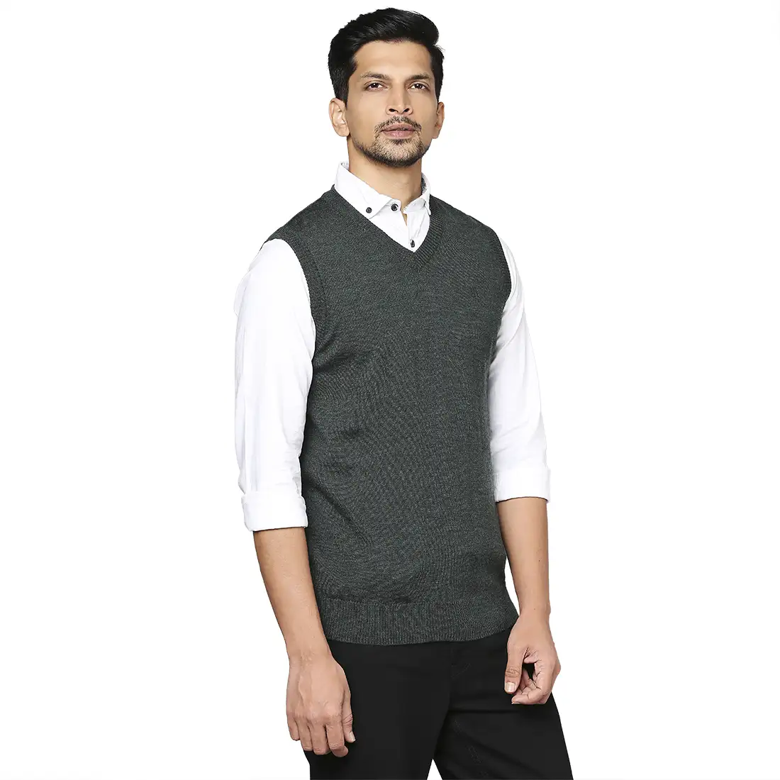 Men Green Solid Wool Blend V Neck Collar Sweaters - Image 2