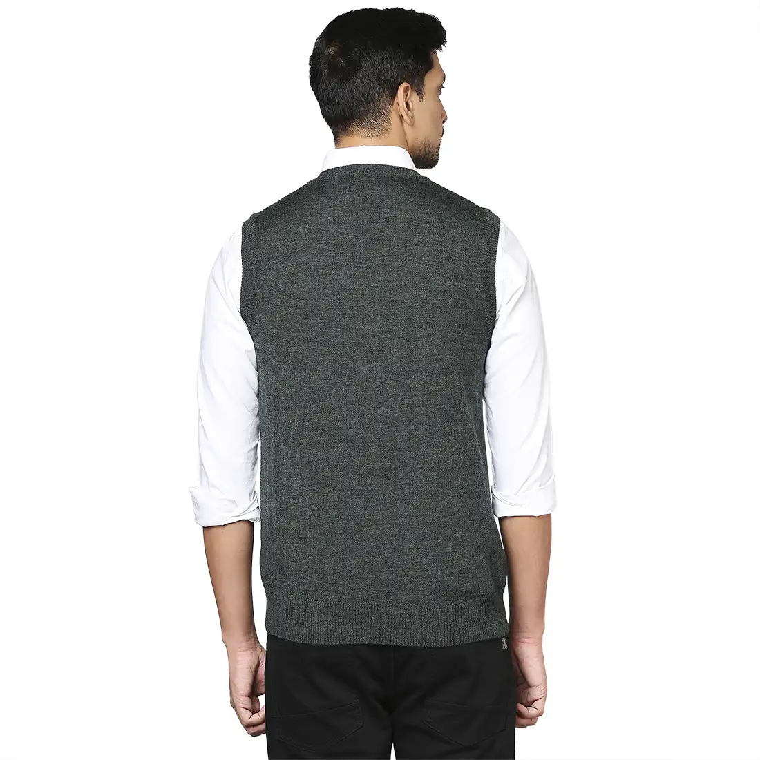 Men Green Solid Wool Blend V Neck Collar Sweaters - Image 4