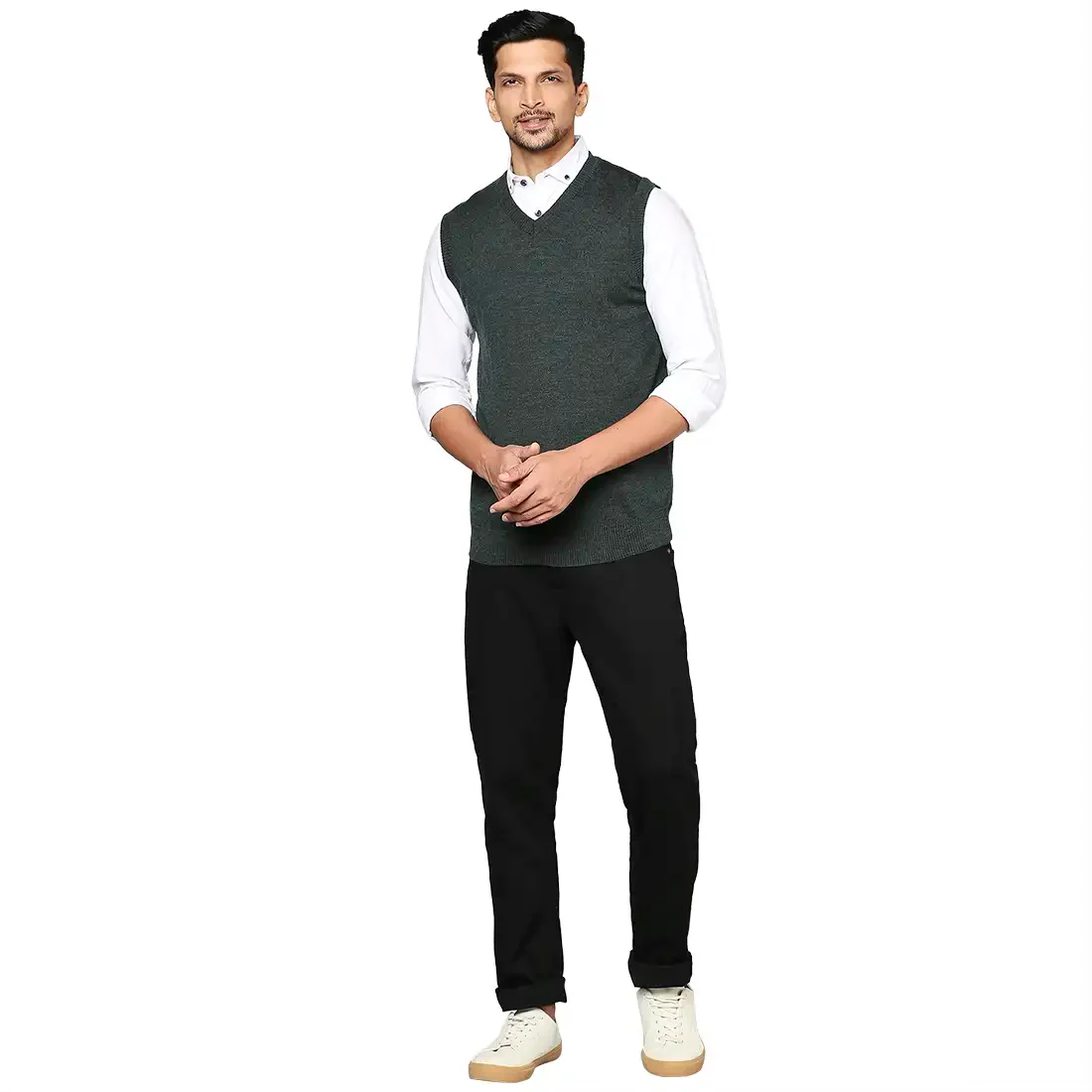 Men Green Solid Wool Blend V Neck Collar Sweaters - Image 5