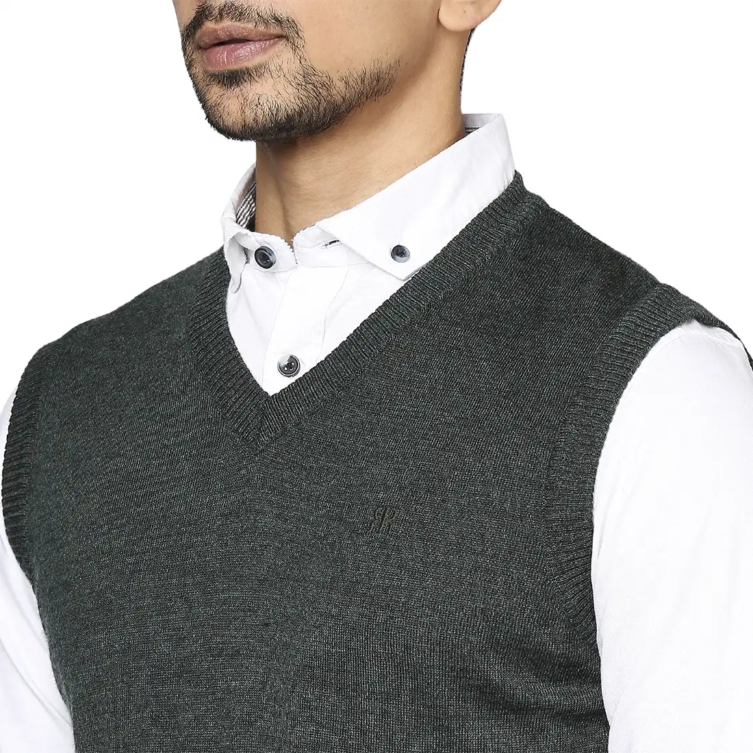 Men Green Solid Wool Blend V Neck Collar Sweaters - Image 6