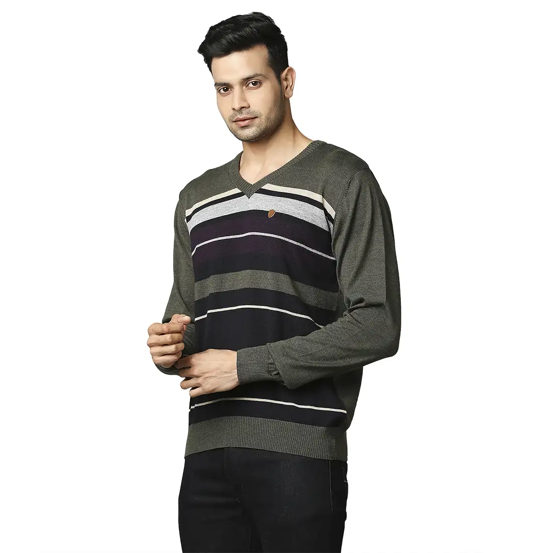 Men Green Stripe Acrylic Wool Blend Full Sleeve V Neck Collar Sweaters - Image 3