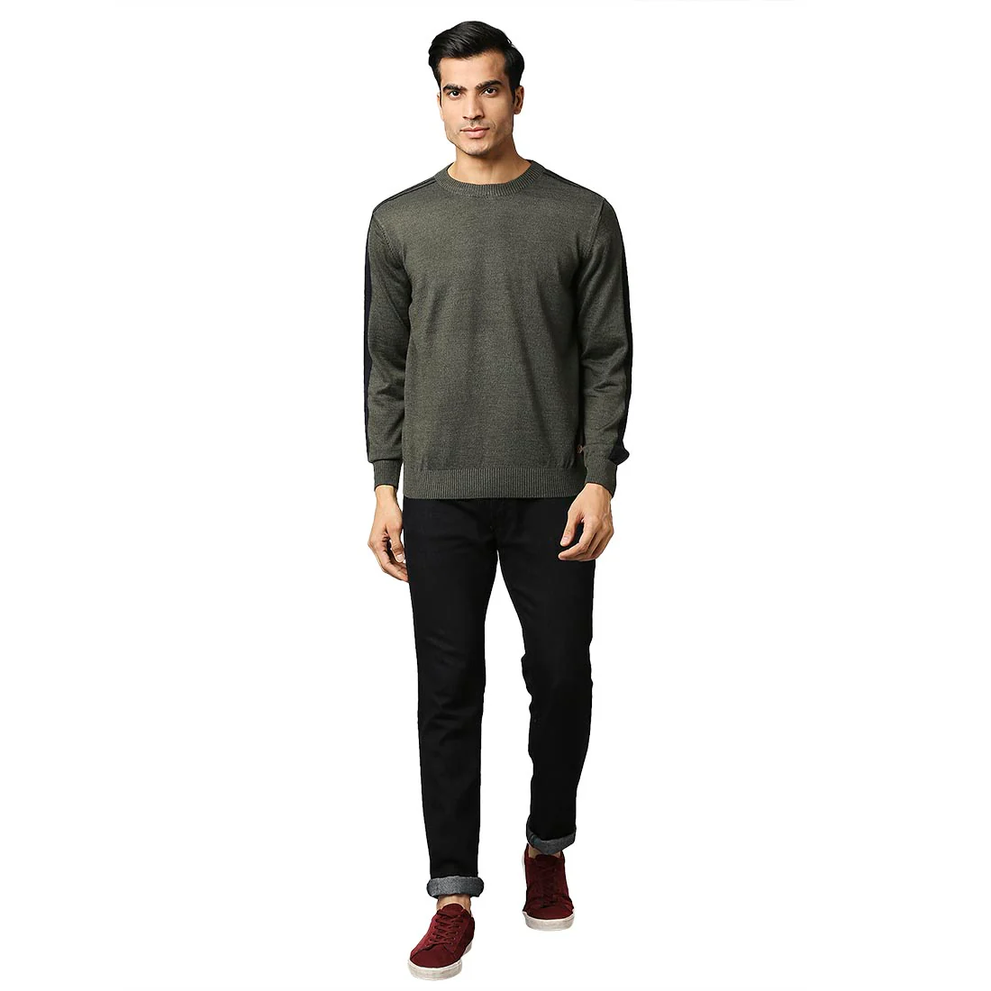Men Green Stripe Acrylic Wool Blend Round Collar Sweaters - Image 5