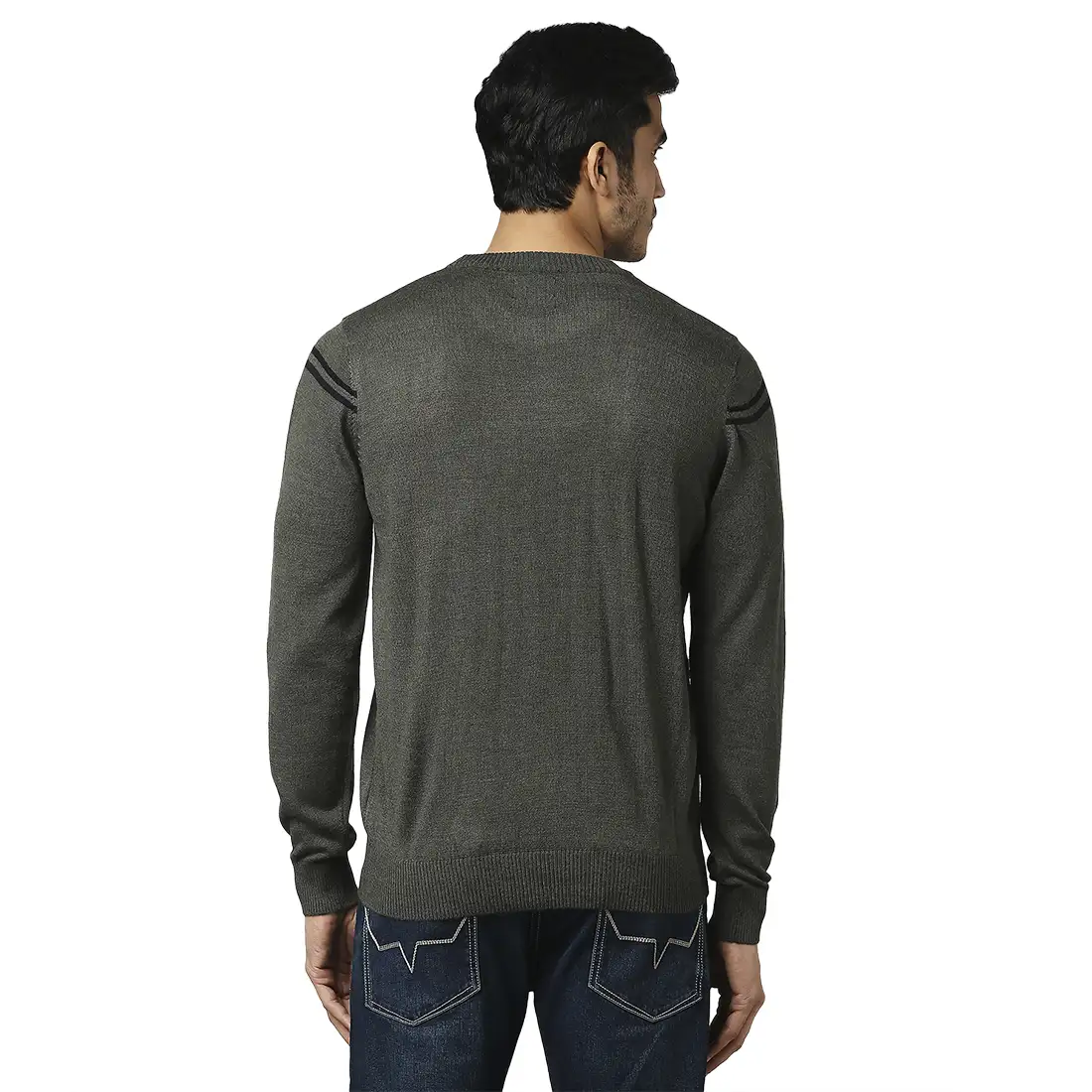 Men Green Stripe Acrylic Wool Blend Round Collar Sweaters - Image 4