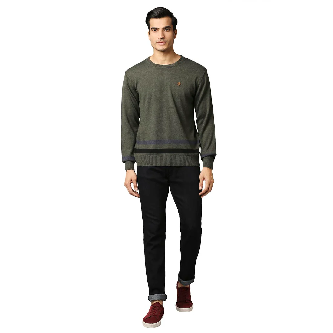 Men Green Stripe Acrylic Wool Blend Round Collar Sweaters - Image 5