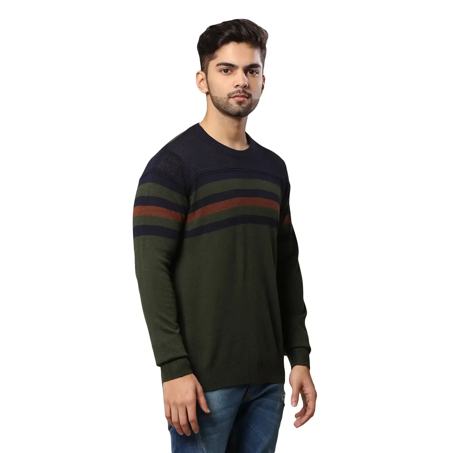 Men Green Structure Acrylic Wool Blend Round Collar Sweaters - Image 2