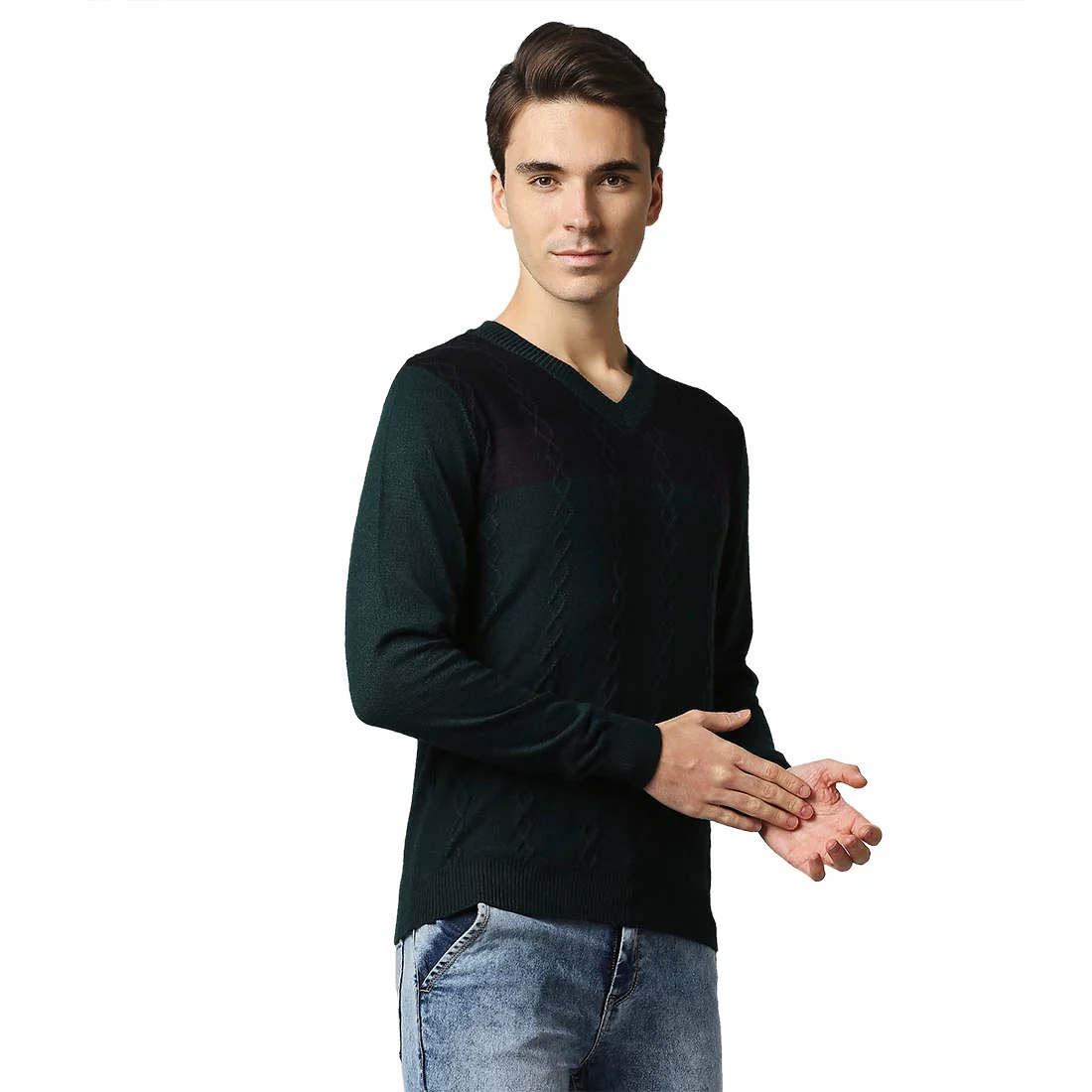 Men Green Structure Cable Acrylic Wool Blend Full Sleeve V Neck Collar Sweaters - Image 2