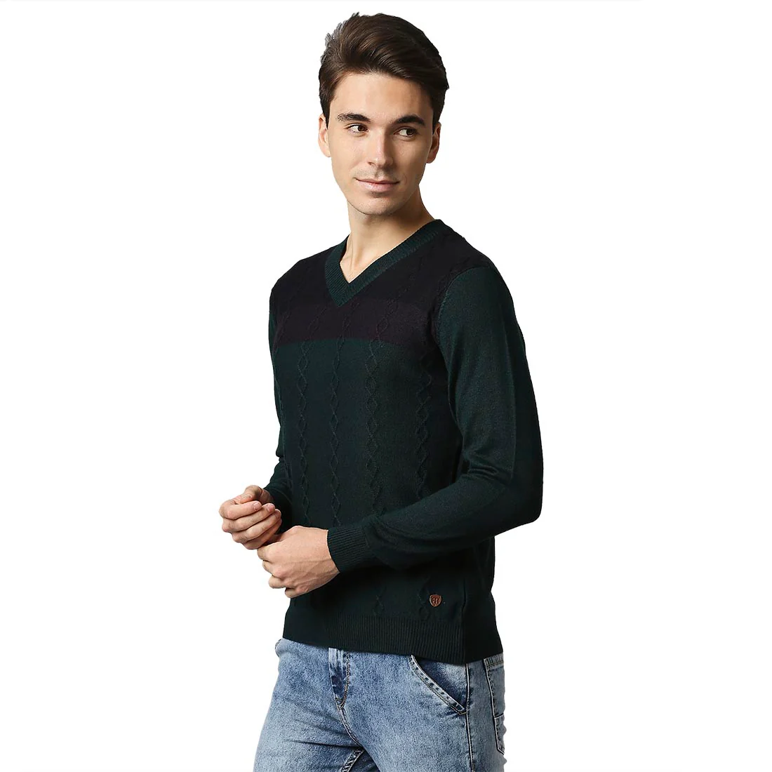 Men Green Structure Cable Acrylic Wool Blend Full Sleeve V Neck Collar Sweaters - Image 3