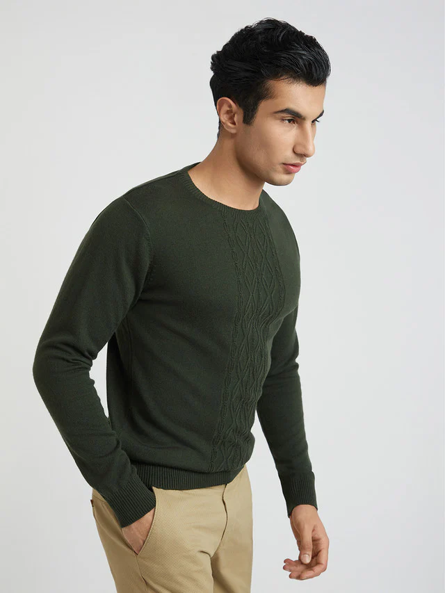 Men Green Structure Cable Acrylic Wool Blend Round Collar Sweaters - Image 2