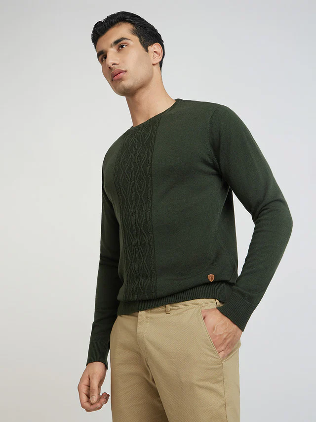 Men Green Structure Cable Acrylic Wool Blend Round Collar Sweaters - Image 3