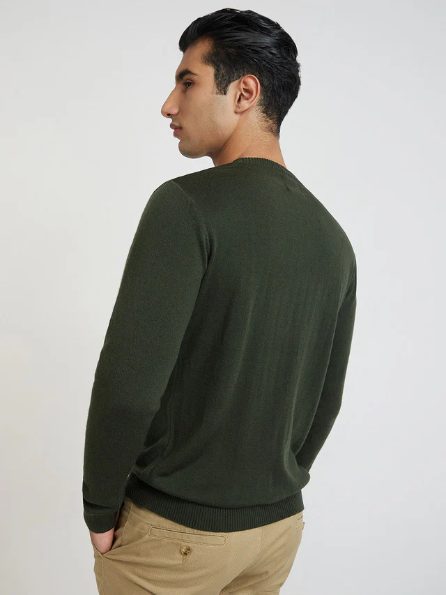 Men Green Structure Cable Acrylic Wool Blend Round Collar Sweaters - Image 4