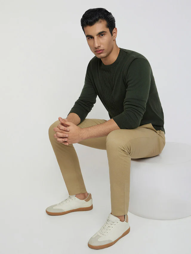 Men Green Structure Cable Acrylic Wool Blend Round Collar Sweaters - Image 5