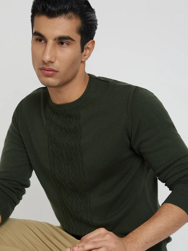 Men Green Structure Cable Acrylic Wool Blend Round Collar Sweaters - Image 6