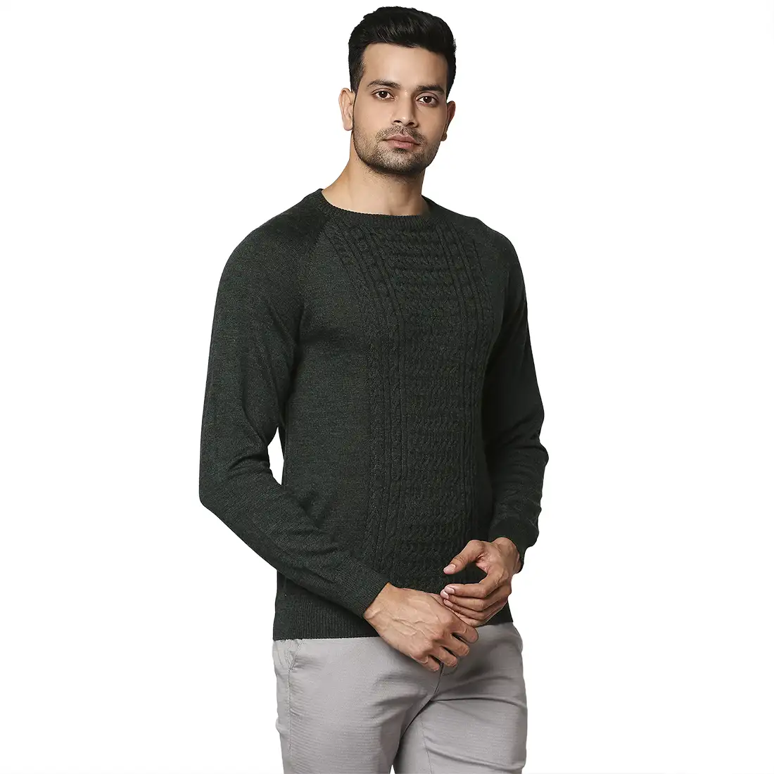 Men Green Structure Cable Wool Blend Round Collar Sweaters - Image 2